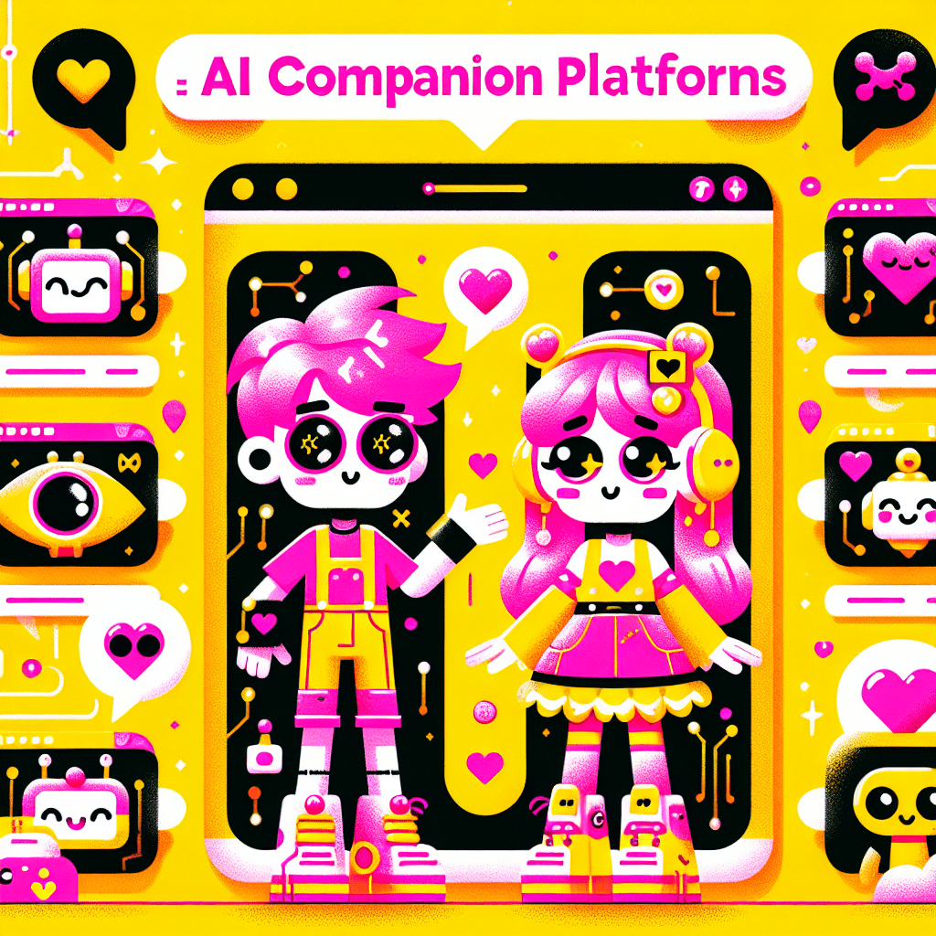 Vibrant featured image for blog post on Best AI companion platforms: Comparing GirlfriendGPT and LovePalz, showcasing cartoon characters with neon colors, playful accessories, and tech elements on a bright yellow background, illustrating fun and companionship in AI interactions.