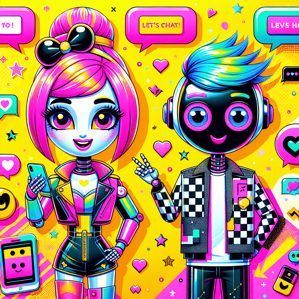 Vibrant pop-art style image for the blog "Best AI Companion Platforms: Comparing GirlfriendGPT and Muah.ai" featuring two cartoonish AI companions, GirlfriendGPT with bright pink hair and playful outfit saying "Let's chat," and Muah.ai with a friendly smile and colorful attire saying "Sending virtual hugs," surrounded by hearts, stars, and emojis, with bold text title and a playful black border.