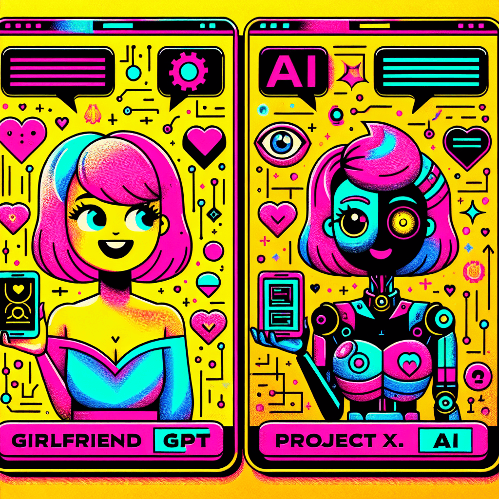 Vibrant image featuring cartoon characters representing the Best AI companion platforms: Comparing GirlfriendGPT and ProjectX.AI, with a cheerful bright yellow background, GirlfriendGPT with neon pink hair holding a smartphone, and ProjectX.AI with a futuristic look using a tablet, surrounded by playful icons like hearts and stars, all framed in a bold black wavy border.