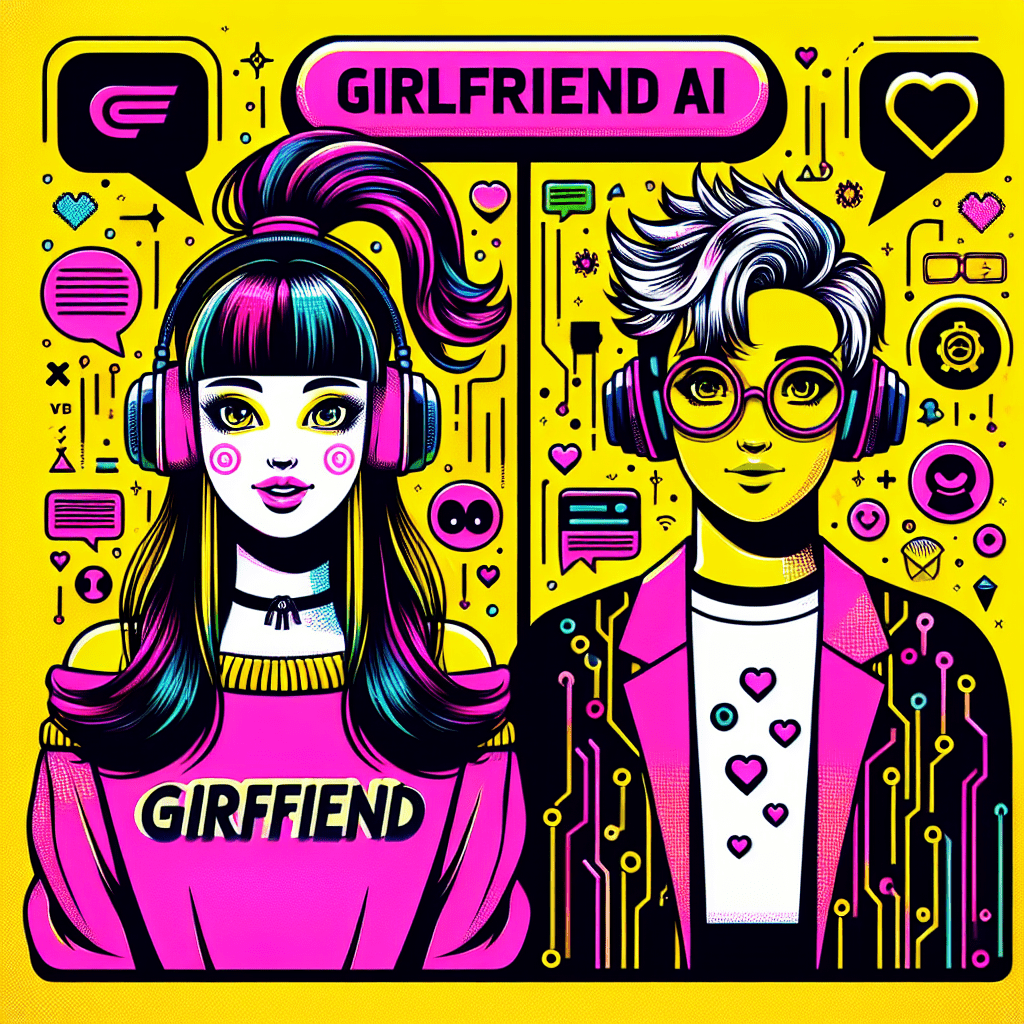 Bright yellow background featuring cartoon avatars of GirlfriendGPT with neon pink hair and headphones, and SoulFun with black and white quirky hairstyle and glasses. Surrounding icons include speech bubbles, emojis, and hearts symbolizing personalized AI interactions. Bold pop-art title "Best AI Companion Platforms" at the top, with "Comparing GirlfriendGPT and SoulFun" below in vibrant neon font, creating a playful and engaging image reflecting the youthful energy of AI companionship.