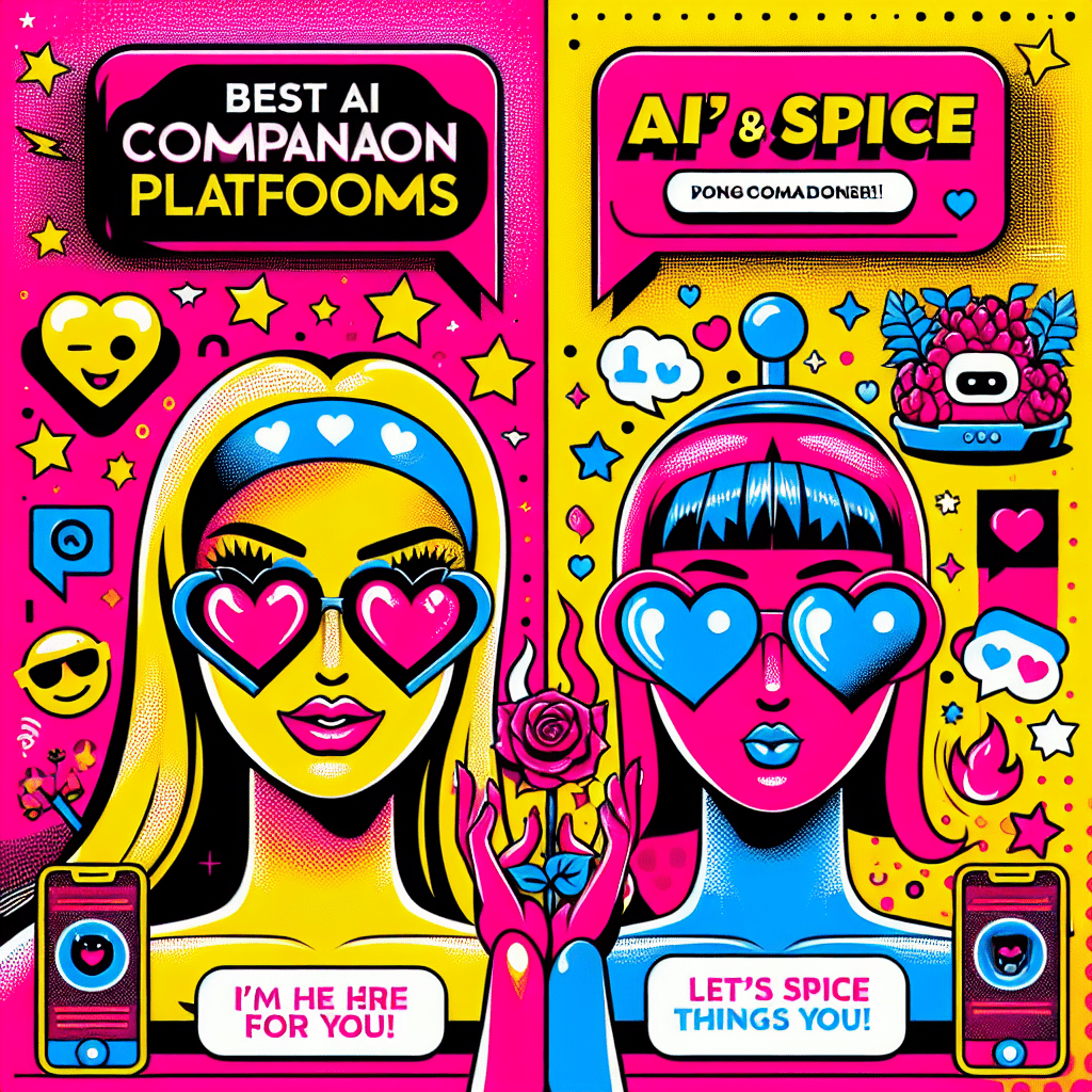 Vibrant image designed for the blog 'Best AI Companion Platforms: Comparing GirlfriendGPT and SpicyChat' featuring two cartoonish AI characters with expressive faces, one with heart-shaped sunglasses and the other in a fun emoji headband, against a split neon pink and bright yellow background, surrounded by playful pop-art elements like stars and chat bubbles, with the blog title in bold black font at the top and a playful subheading below.