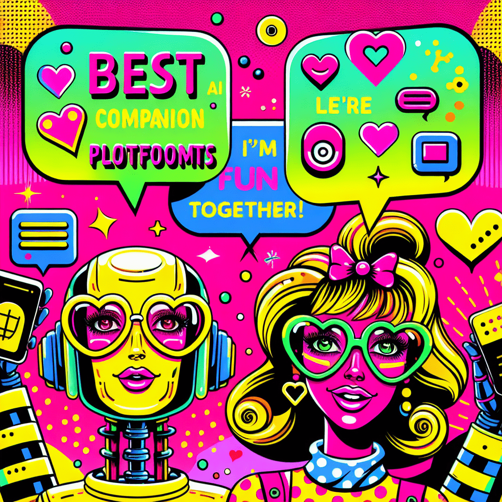 Vibrant pop-art style image featuring two cartoonish characters representing GirlfriendGPT and Virtual Mate against a Neon Pink background, with playful accessories and bright colors. Speech bubbles display dialogues like “I’m here for you!” and “Let’s have fun together!” surrounded by whimsical hearts, stars, and tech icons, with the title ‘Best AI Companion Platforms’ in bold, fun typography at the top, capturing the essence of AI companionship in a lively manner. Best AI companion platforms: Comparing GirlfriendGPT and Virtual Mate.