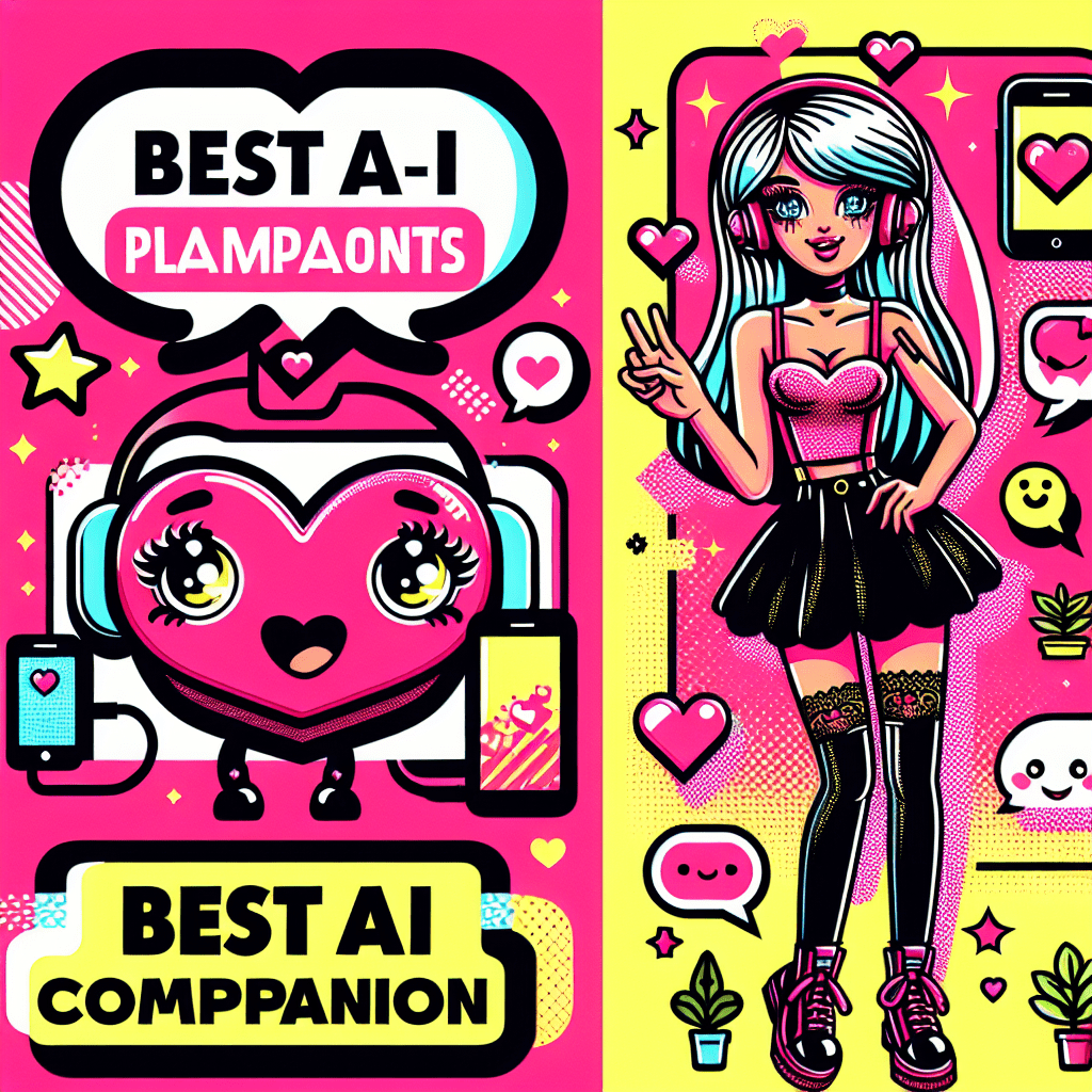 Vibrant pop-art style image featuring the title "Best AI Companion Platforms: Comparing LovePalz and AI Girlfriend" in bold cartoonish fonts over a neon pink background, with cute characters representing LovePalz and AI Girlfriend, surrounded by playful elements like hearts and stars.