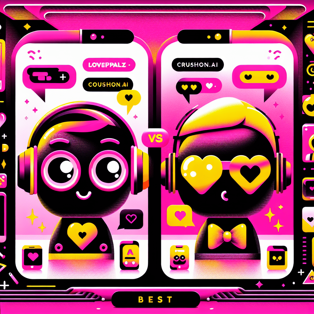 Vibrant featured image for the blog "Best AI Companion Platforms: Comparing LovePalz and Crushon.ai" showcasing a playful rivalry between a cute cartoon AI character for LovePalz with yellow accessories and a laid-back Crushon.ai character with sunglasses, set against a neon pink background, with speech bubbles, personalization icons, and dynamic title text in bold colors.