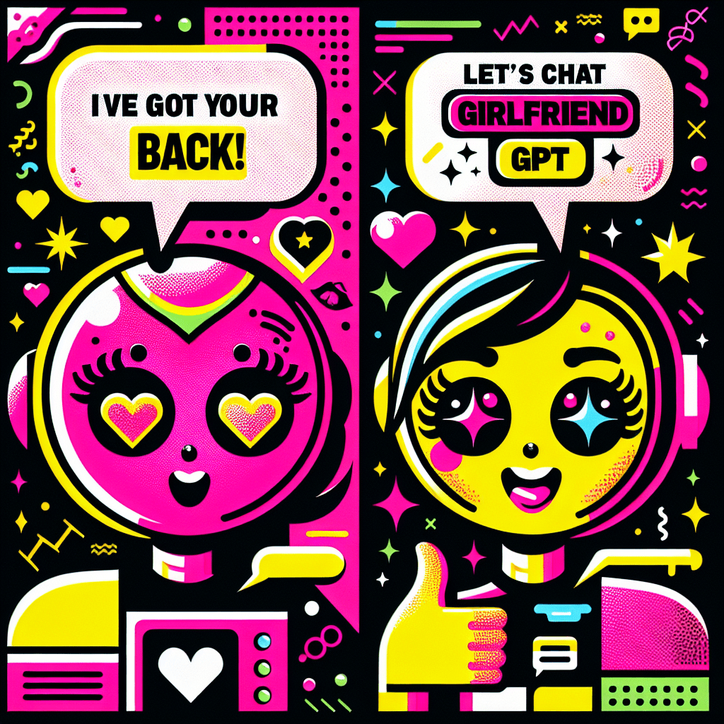 Vibrant featured image for the blog 'Best AI Companion Platforms: Comparing LovePalz and GirlfriendGPT' featuring cartoonish AI companions in neon pink and bright yellow, set against a pop-art black and white background, with playful speech bubbles showcasing their supportive nature and fun design elements like hearts and stars