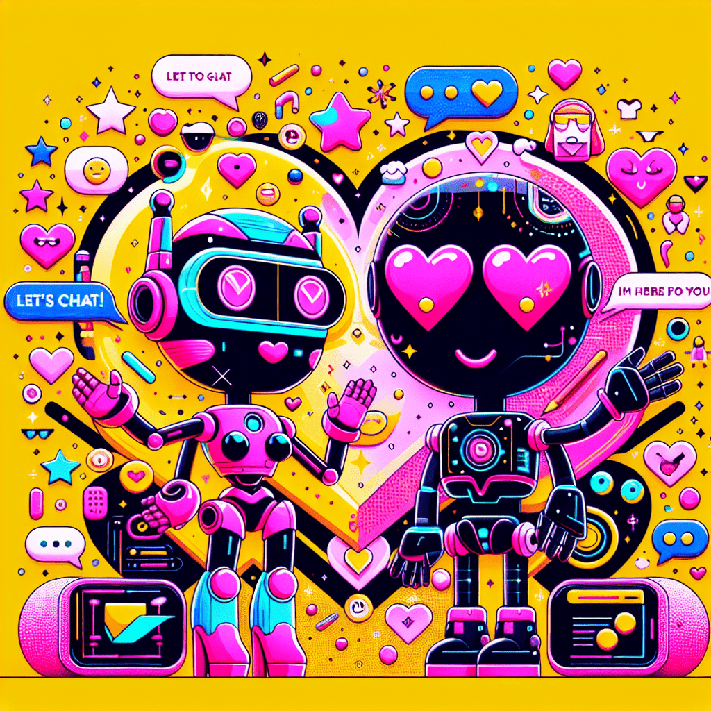 Vibrant pop-art style image illustrating the theme of Best AI companion platforms: Comparing LovePalz and Virtual Mate, featuring bright yellow background with playful hearts and stars, cartoonish LovePalz robot with a pink heart-shaped face and smiling eyes, sleek black Virtual Mate with glowing smile and digital accents, surrounded by colorful speech bubbles and bold hearts, visually comparing their companionship features in a fun and engaging manner.