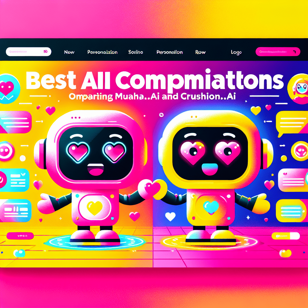 Colorful pop-art illustration for the blog post "Best AI Companion Platforms: Comparing Muah.ai and Crushon.ai," featuring vibrant gradient background, two playful AI characters symbolizing Muah.ai and Crushon.ai, bold typography, and cartoonish icons representing personalization and companionship