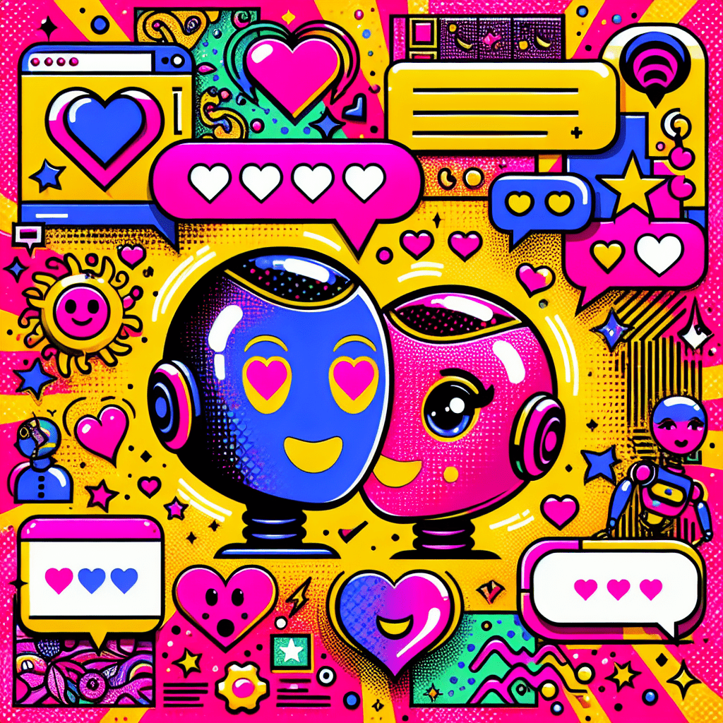 Vibrant featured image for the blog "Best AI Companion Platforms: Comparing Muah.ai and DreamGF.ai" showcasing two cartoonish AI companions, Muah.ai with hearts and playful expressions, and DreamGF.ai surrounded by stars and dreamy elements, against a neon pink background with bright yellow text overlay in a bold, playful font, along with dynamic personalization symbols like speech bubbles and colorful icons, all enhanced by fun patterns and abstract shapes.