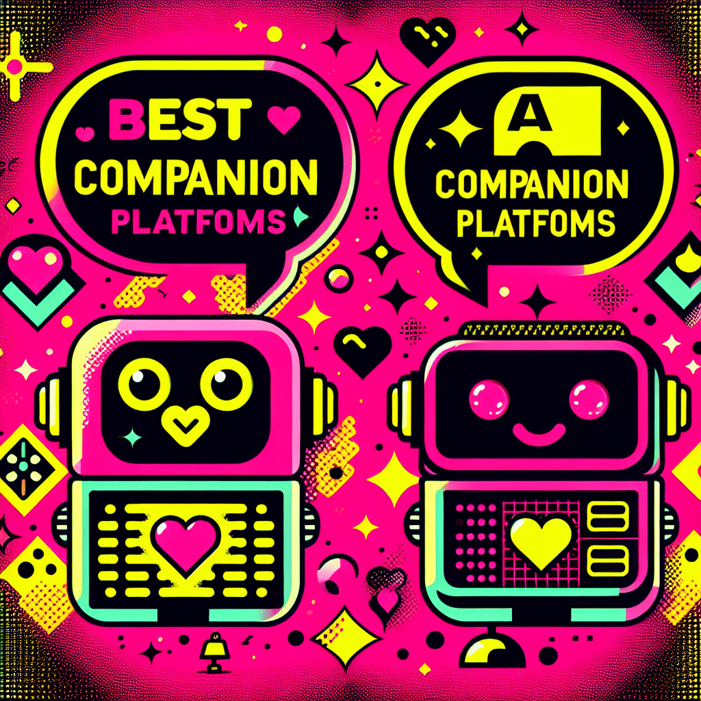 Bright Neon Pink background featuring cartoonish AI companions representing Muah.ai with a heart-shaped head and love emojis, and Replika as a friendly robot with a playful speech bubble. The bold title “Best AI Companion Platforms” in Bright Yellow and smaller text comparing "Muah.ai" and "Replika" in Black complements the vibrant design, enhanced with playful stars and hearts, embodying the fun spirit of the blog titled 'Best AI companion platforms: Comparing Muah.ai and Replika'.