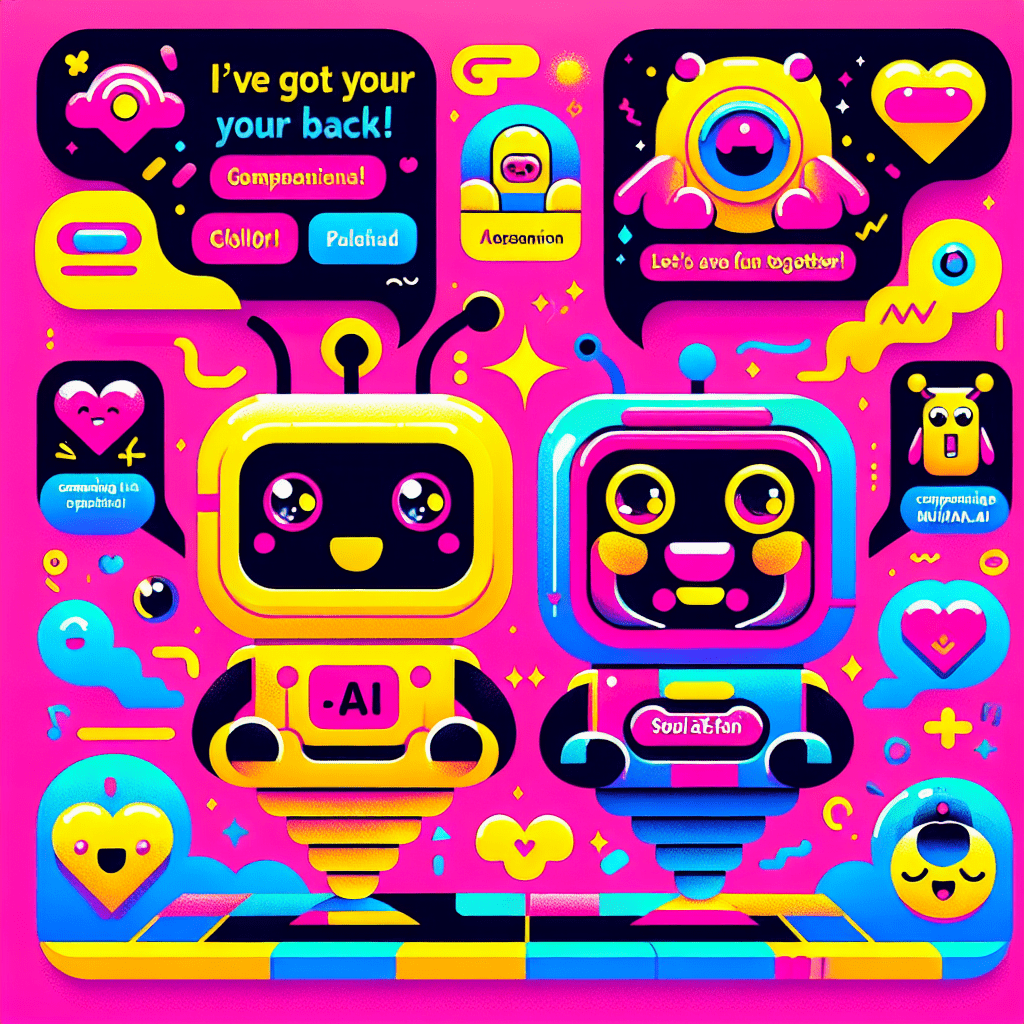 Vibrant featured image for the blog ‘Best AI Companion Platforms: Comparing Muah.ai and SoulFun’ with a neon pink background, featuring two playful cartoonish AI characters in bright yellow and black, showcasing companionship with speech bubbles and whimsical icons like hearts and stars, along with bold text overlay and colorful geometric shapes, embodying a fun pop-art style