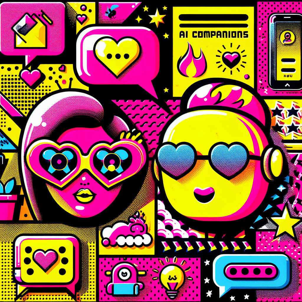 Vibrant pop-art style illustration featuring cartoonish characters of Muah.ai and SpicyChat, with Muah.ai in neon pink and heart-shaped glasses, and SpicyChat in bright yellow with playful flames. A bold black and white abstract background enhances the fun, with speech bubbles, playful icons, and the text overlay "Best AI companion platforms: Comparing Muah.ai and SpicyChat" in a cartoonish font.