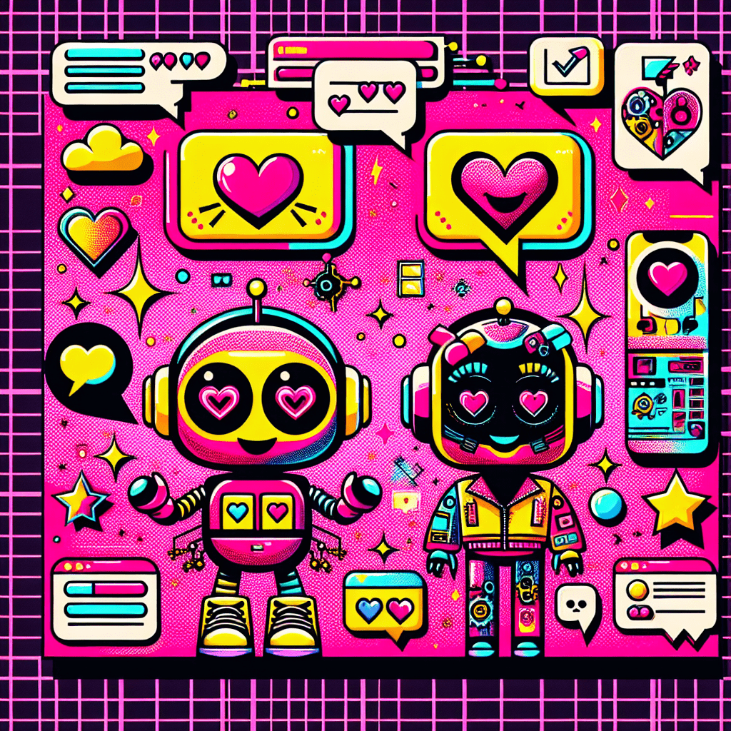 Vibrant neon pink background featuring bold yellow cartoonish text that reads Best AI companion platforms: Comparing Muah.ai and Virtual Mate, complemented by two playful characters representing Muah.ai with a heart-shaped face and Virtual Mate with a friendly robotic look, along with thought bubbles containing emojis, and decorative elements depicting technology symbols and colorful stars, all arranged in a dynamic, engaging composition.