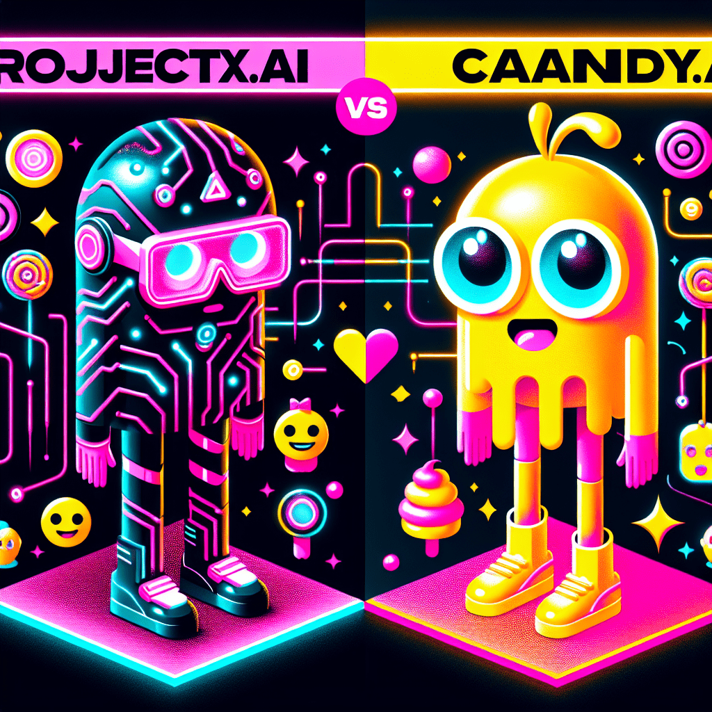 Vibrant illustration of two characters representing the best AI companion platforms: comparing ProjectX.AI and Candy.ai. On the left, a tech-inspired figure with neon pink accents and playful features, and on the right, a whimsical yellow character surrounded by candy elements. The characters engage in friendly interaction against a bold black background, with comic-style speech bubbles highlighting their strengths, capturing the essence of playful AI companions. The blog title is prominently displayed above in bold colors.