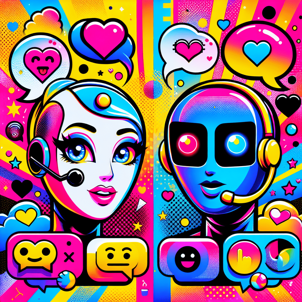 Vibrant pop-art style featured image for the blog "Best AI Companion Platforms: Comparing ProjectX.AI and SpicyChat" showcasing two friendly AI characters with expressive features, surrounded by playful personalization symbols like chat bubbles and customizable backgrounds, all in a colorful mix of neon pink, bright yellow, black, and white.