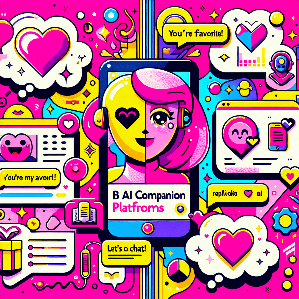 Vibrant illustration for the blog 'Best AI companion platforms: Comparing Replika and DreamGF.ai', featuring two cartoonish characters with a heart-shaped avatar for Replika and a sparkle motif for DreamGF.ai, set against a Neon Pink background with playful abstract shapes in Bright Yellow, decorated with speech bubbles and personalized items that reflect the unique traits of these AI companions.