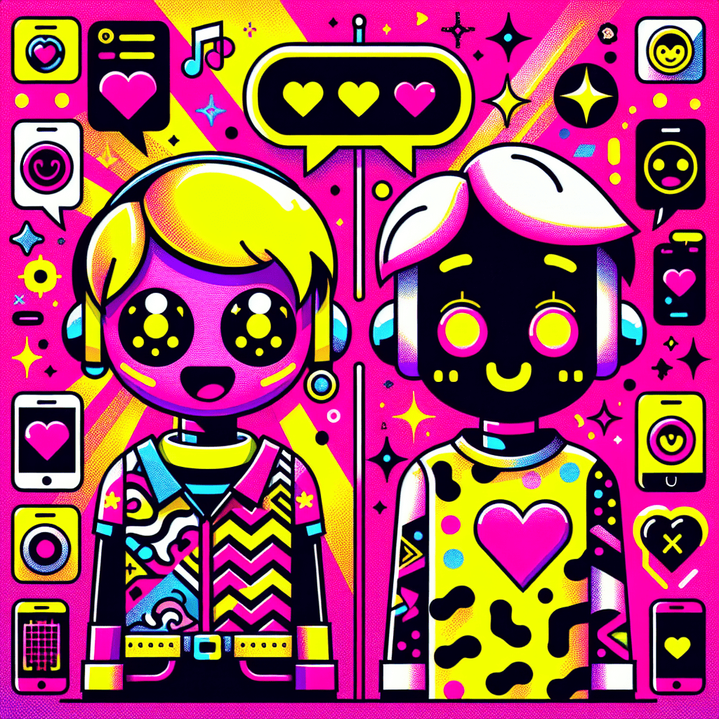 Vibrant illustration featuring cartoonish AI characters representing the Best AI companion platforms: Comparing SoulFun and AI Boyfriend, set against a bold neon pink backdrop, showcasing a playful SoulFun character with bright yellow accents and a relaxed AI Boyfriend with romantic details, accompanied by colorful chat bubbles and fun icons symbolizing personalization.