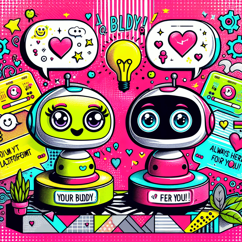 Vibrant illustration of two cartoonish AI companions in a Neon Pink background, featuring a cheerful Bright Yellow character for SoulFun and a quirky Black character with White accents for DreamGF.ai, surrounded by playful icons representing personalization and comparison, embodying the blog theme of Best AI companion platforms: Comparing SoulFun and DreamGF.ai.