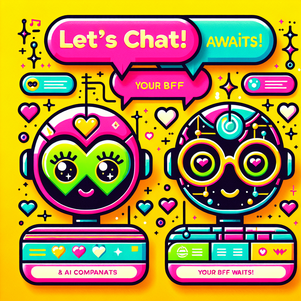 Vibrant yellow background featuring cartoonish AI companions for the blog "Best AI Companion Platforms: Comparing SoulFun and Replika," one with a heart-shaped head in neon pink and the other with oversized glasses in black and white, both accompanied by playful speech bubbles and decorative icons, creating a lively and engaging composition.