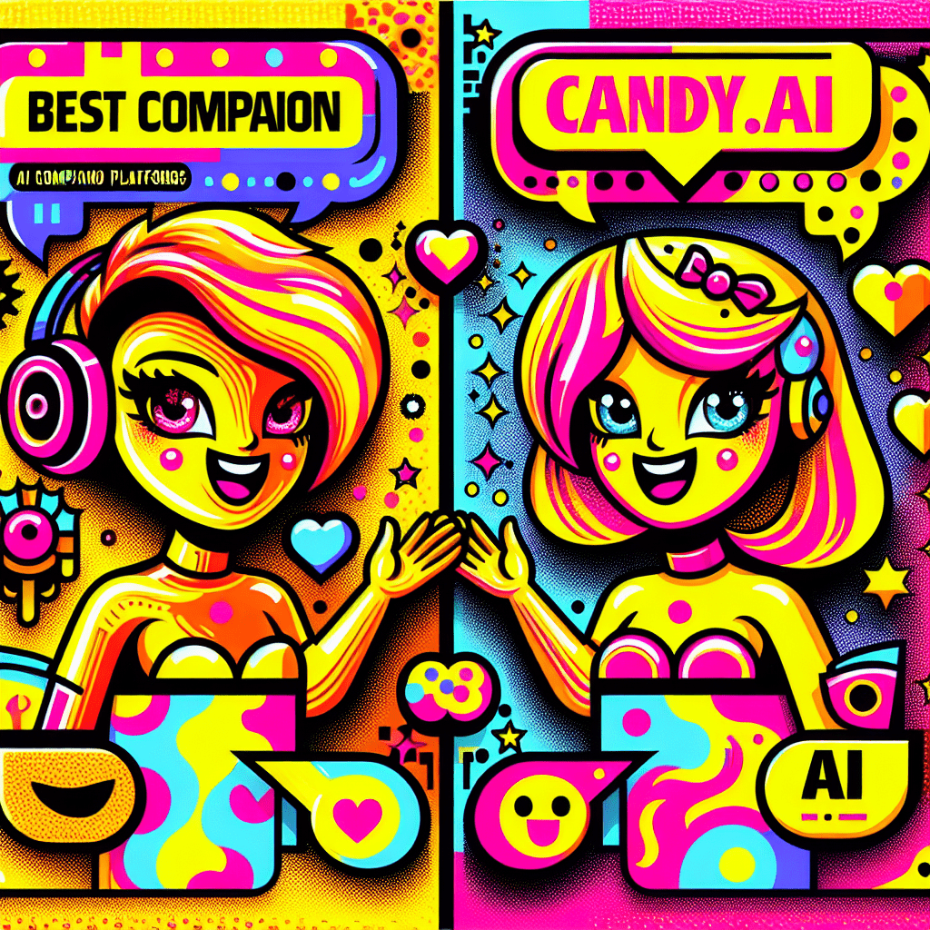 Vibrant pop-art style image featuring two cartoonish AI companions, SpicyChat with fiery red-orange hair and neon pink headphones, and Candy.ai with pastel colors and candy-like embellishments, set against a bright yellow background with playful neon pink patterns. Bold text reads "Best AI Companion Platforms" and "Comparing SpicyChat and Candy.ai," surrounded by playful icons like speech bubbles and hearts, all emphasized with thick black outlines to enhance the youthful theme.