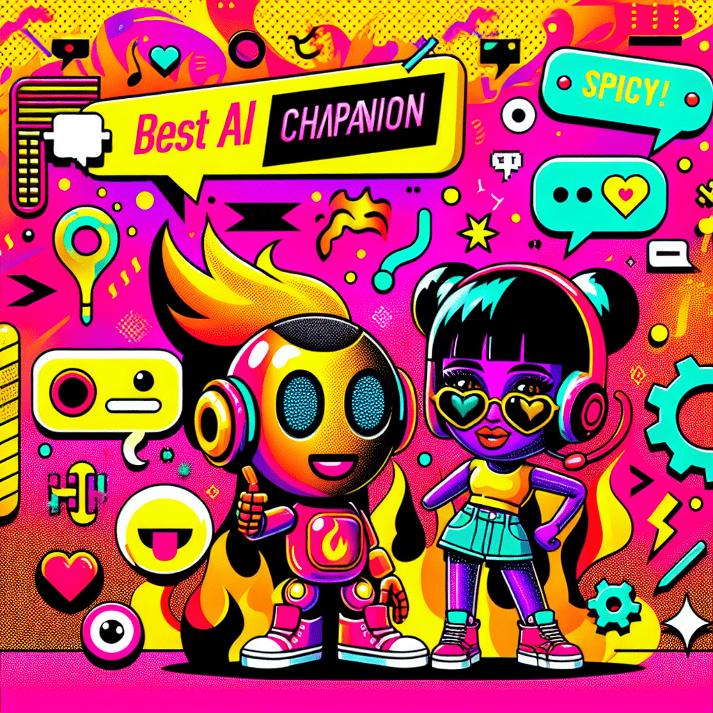 Vibrant featured image for the blog post titled Best AI companion platforms: Comparing SpicyChat and Character.ai, showcasing two cartoonish AI companions on a neon pink background with playful shapes, emphasizing SpicyChat's fiery elements and Character.ai's friendly features, complemented by bold pop-art style text and whimsical graphics like speech bubbles and hearts.