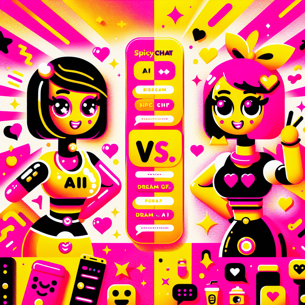 Vibrant featured image for the blog "Best AI companion platforms: Comparing SpicyChat and DreamGF.ai," showcasing cartoonish AI companions SpicyChat and DreamGF.ai against a bold Neon Pink background with playful geometric shapes, vibrant typography, and fun personalization icons, embodying a playful and engaging style.