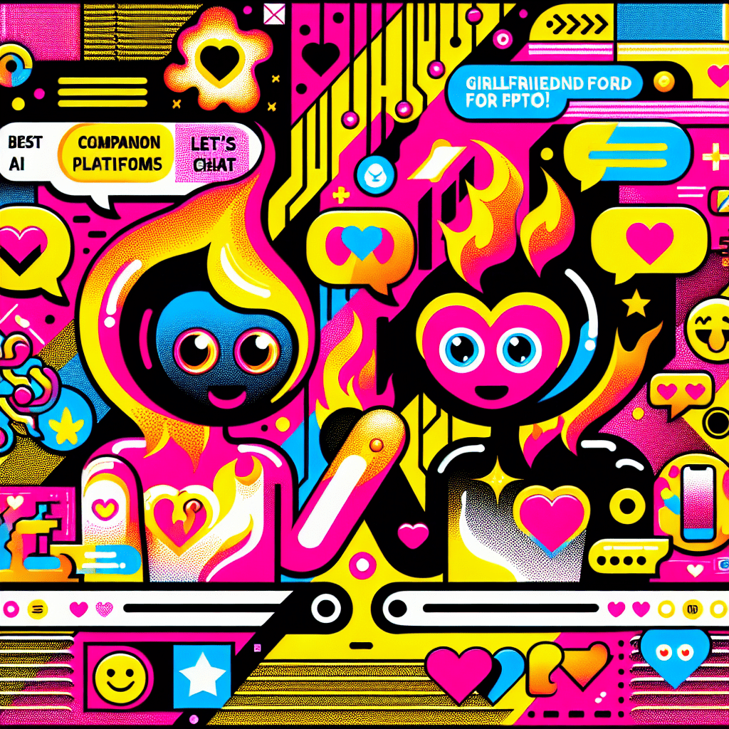 Vibrant featured image for the blog post Best AI companion platforms: Comparing SpicyChat and GirlfriendGPT, showcasing cartoonish characters representing each platform with playful designs, set against an abstract background of bright patterns, and featuring bold text, whimsical icons, and dynamic layout elements reflecting youthful energy and fun interaction.