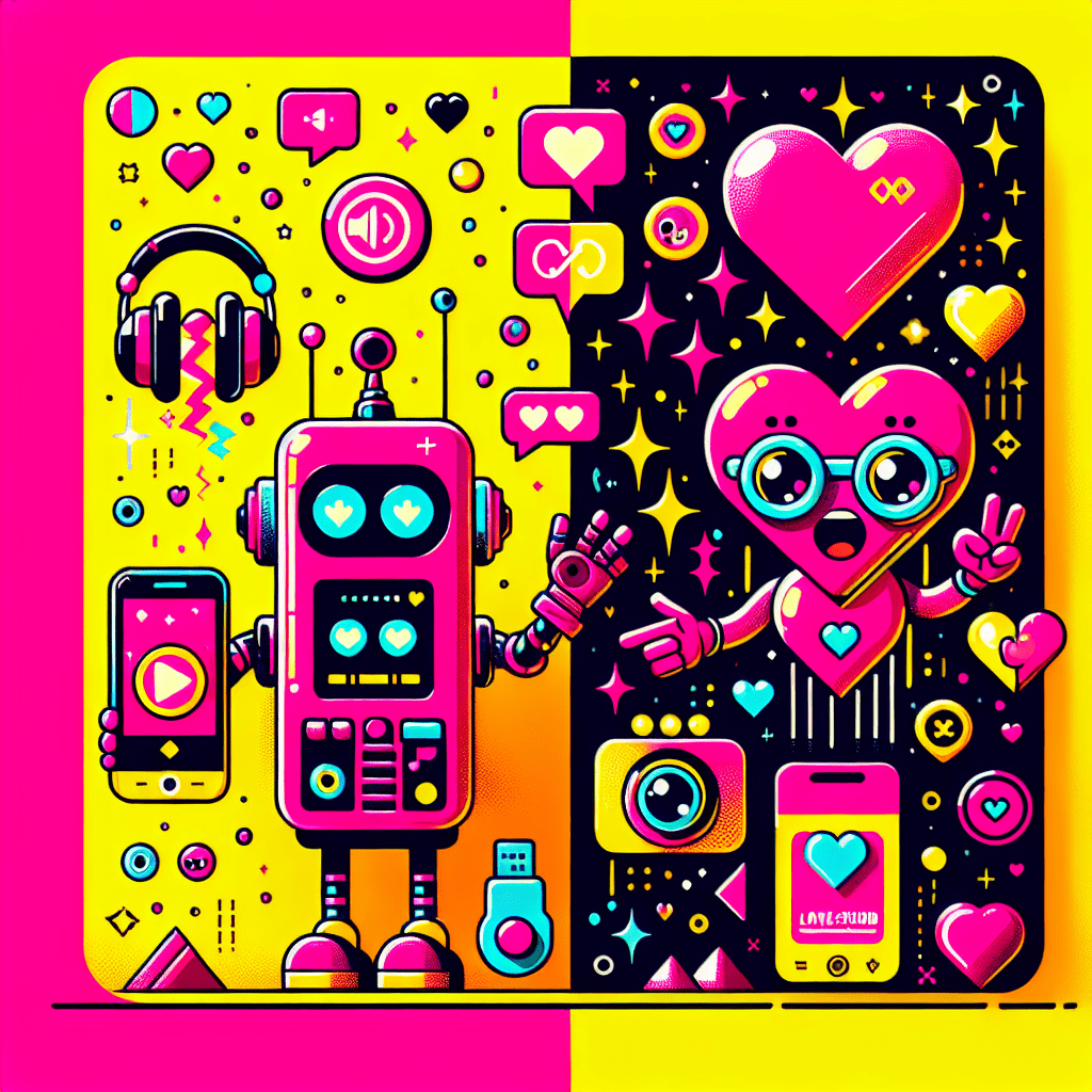 Vibrant split image showcasing the best AI companion platforms: comparing SpicyChat and LovePalz with cartoonish chat bubbles on a neon pink background and a quirky robot holding a phone on the left, contrasted by a cheerful bright yellow background featuring a cute heart character on the right; bold pop-art title in the center.