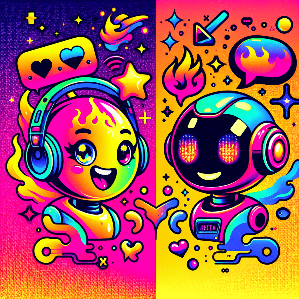 Colorful featured image for the blog "Best AI Companion Platforms: Comparing SpicyChat and ProjectX.AI," featuring bold cartoonish characters of SpicyChat with vibrant colors and a cheeky grin, and ProjectX.AI as a sleek robot with sparkling eyes, surrounded by playful speech bubbles and whimsical elements in neon pink, bright yellow, black, and white, capturing the energetic pop-art vibe of AI companionship.