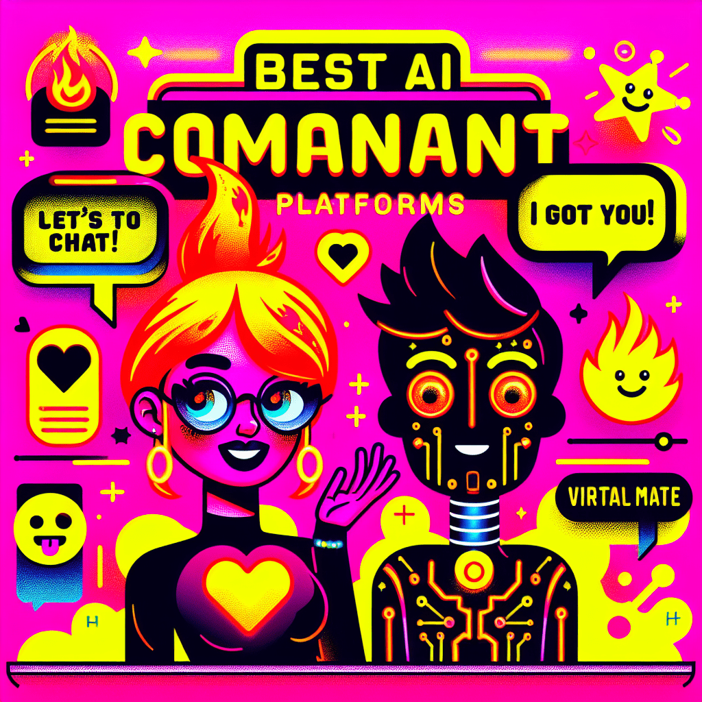 Bright neon pink background featuring the title "Best AI Companion Platforms" in bold yellow, with "Comparing SpicyChat and Virtual Mate" below. Two playful cartoon-style AI companions—SpicyChat with fiery hair and chili pepper glasses, and Virtual Mate with sleek holographic elements—are depicted with speech bubbles saying "Let’s chat!" and "I got you!" Dynamic shapes and personalization icons like hearts and stars surround them, creating a youthful and fun pop-art vibe.