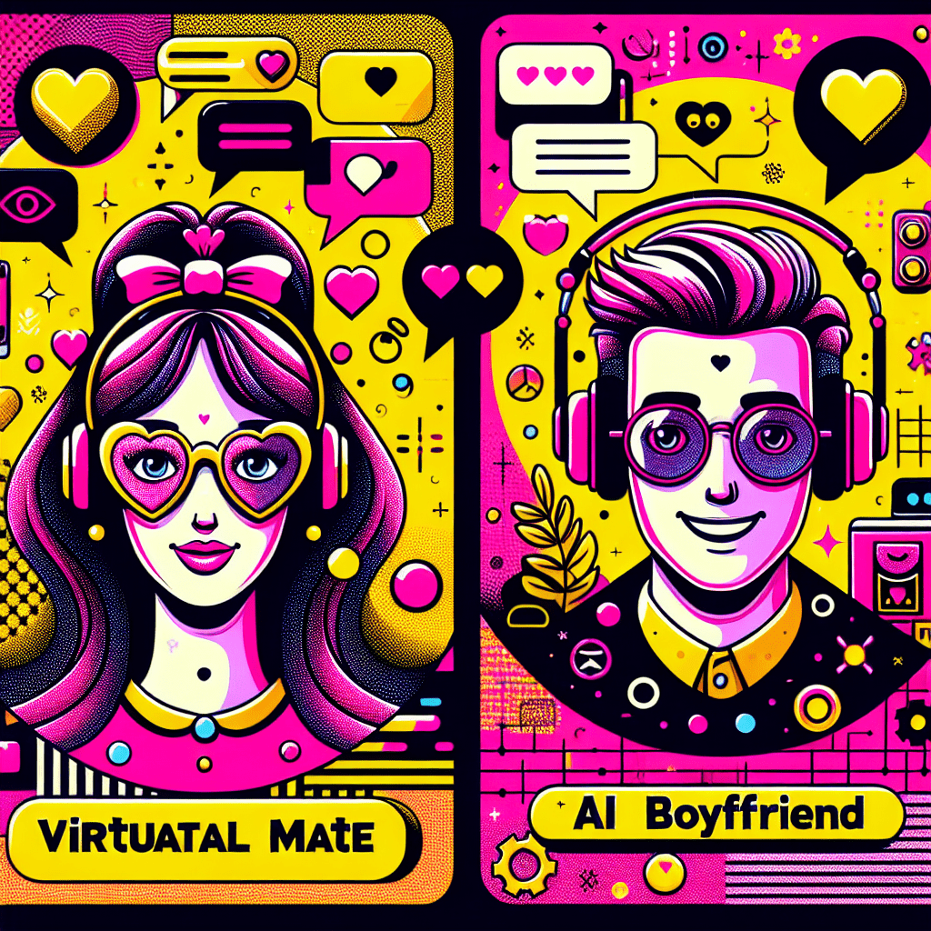 Engaging featured image for the blog 'Best AI Companion Platforms: Comparing Virtual Mate and AI Boyfriend', showcasing vibrant Neon Pink and Bright Yellow abstract backgrounds, cartoonish characters representing Virtual Mate with playful glasses and AI Boyfriend with headphones, surrounded by playful elements like hearts and chat bubbles, emphasizing fun and personalized interactions.