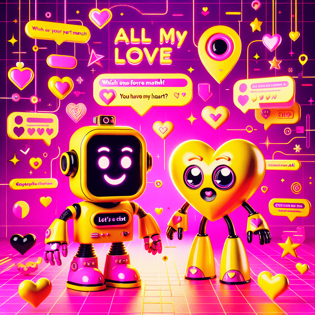 Bright neon pink background with playful patterns featuring two animated characters: a friendly cartoon robot representing Virtual Mate with bright yellow accents and a colorful heart character representing Crushon.ai. Speech bubbles with fun phrases highlight their interaction, surrounded by personalization motifs like hearts and stars. The title "Best AI Companion Platforms" boldly displayed at the top, and a tagline “Which one is your perfect match?” at the bottom. The image captures the playful essence of the blog "Best AI companion platforms: Comparing Virtual Mate and Crushon.ai".