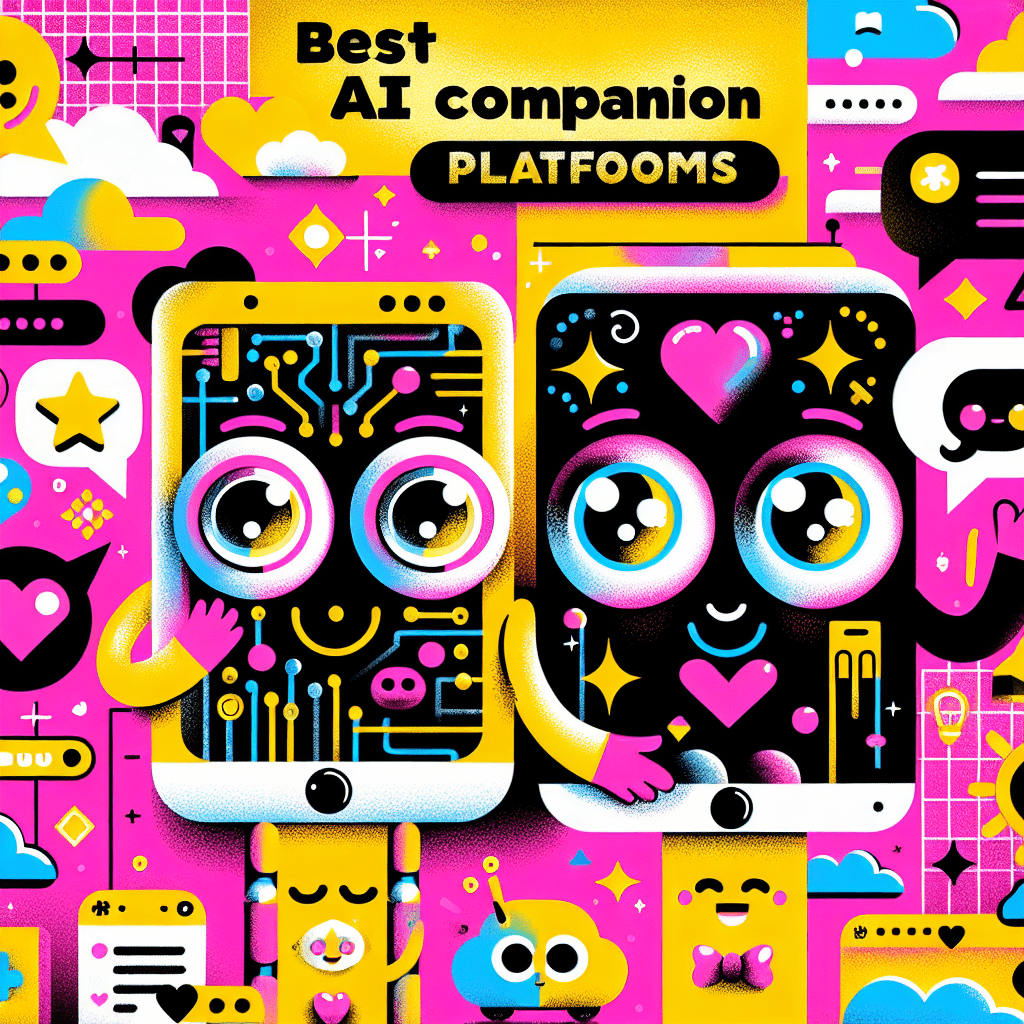 Vibrant pop-art style featured image for the blog 'Best AI Companion Platforms: Comparing Virtual Mate and LovePalz' showcasing two playful AI avatars, one modern and sleek representing Virtual Mate and the other quirky with oversized features for LovePalz, against a bright Neon Pink and Bright Yellow background, with heart-shaped chat bubbles and whimsical icons symbolizing companionship.