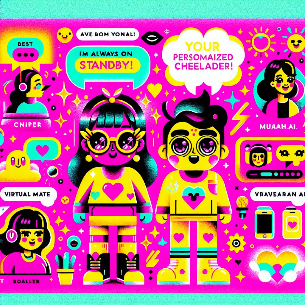 Vibrant pop-art style image featuring two cartoonish AI companions, Virtual Mate with oversized glasses and quirky hair, and Muah.ai with expressive features and a playful smile, against a bright neon pink background. Fun speech bubbles showcase their unique traits, surrounded by playful icons and doodles. Prominently displays the blog title 'Best AI Companion Platforms' with 'Virtual Mate vs. Muah.ai' in colorful block lettering, capturing the essence of lively AI comparisons. Best AI companion platforms: Comparing Virtual Mate and Muah.ai