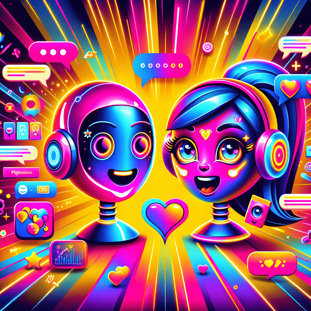 Vibrant pop-art style image depicting playful AI companions, featuring "Virtual Mate" on the left with headphones and a chat bubble, and "SoulFun" on the right with glasses and creative symbols. The background bursts in neon pink and yellow, emphasizing personalized interaction with icons like hearts and stars, embodying the theme of the blog "Best AI companion platforms: Comparing Virtual Mate and SoulFun."