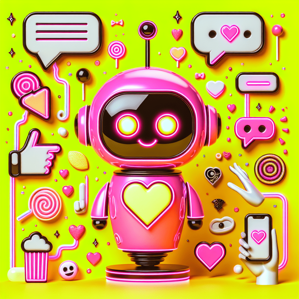 Bright yellow background featuring a cartoonish AI companion character with a heart-shaped face, surrounded by personalization icons like hearts and speech bubbles, all in vibrant neon pink and white. The playful graphics depict digital interactions, enhancing the fun theme. The title 'Candy.ai Review' is prominently displayed in bold pop-art style, emphasizing the essence of the blog post on Candy.ai review: Enhancing virtual relationships.