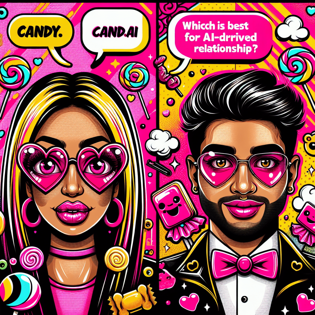 Vibrant pop-art style illustration featuring two cartoonish AI characters with playful expressions, oversized eyes, and quirky accessories like heart-shaped glasses and a funky bow tie. The background is a rich Neon Pink and Bright Yellow, accented with whimsical candy motifs and speech bubbles. Bold text overlay reads "Candy.ai vs. Candy.ai: Which is Best for AI-Driven Relationships?" in eye-catching typography, perfectly capturing the fun and youthful vibe of the concept.