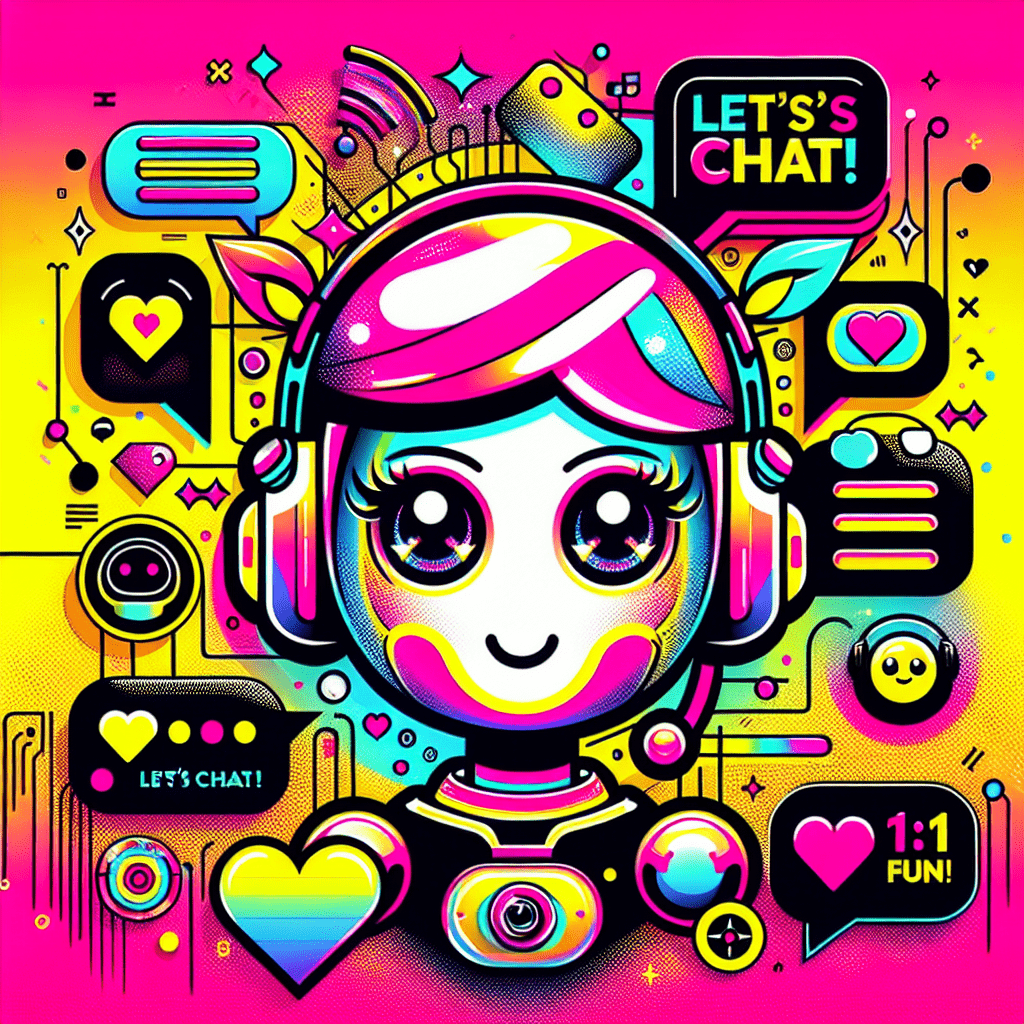 Vibrant pop-art inspired image for Character.ai review: Enhancing virtual relationships featuring a friendly cartoon AI companion against a neon pink and bright yellow gradient, surrounded by playful speech bubbles and heart motifs, symbolizing connection and personalization in virtual interactions.