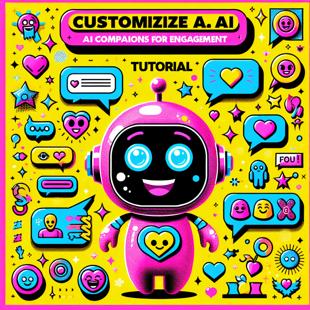 Vibrant and playful featured image for the blog post 'Character.ai Tutorial: Customize AI Companions for Engagement', featuring a cartoonish AI companion character like a friendly robot with Neon Pink details, set against a bright yellow background. The character has a big smile and expressive eyes, surrounded by customization icons such as heart stickers and colorful speech bubbles. Bold pop-art text overlays highlight 'Character.ai Tutorial' and 'Customize AI Companions for Engagement', while whimsical elements like stars and sparkles enhance the fun vibe. This image encapsulates the theme of the tutorial focused on Character.ai tutorial: How to customize AI companions for better engagement.