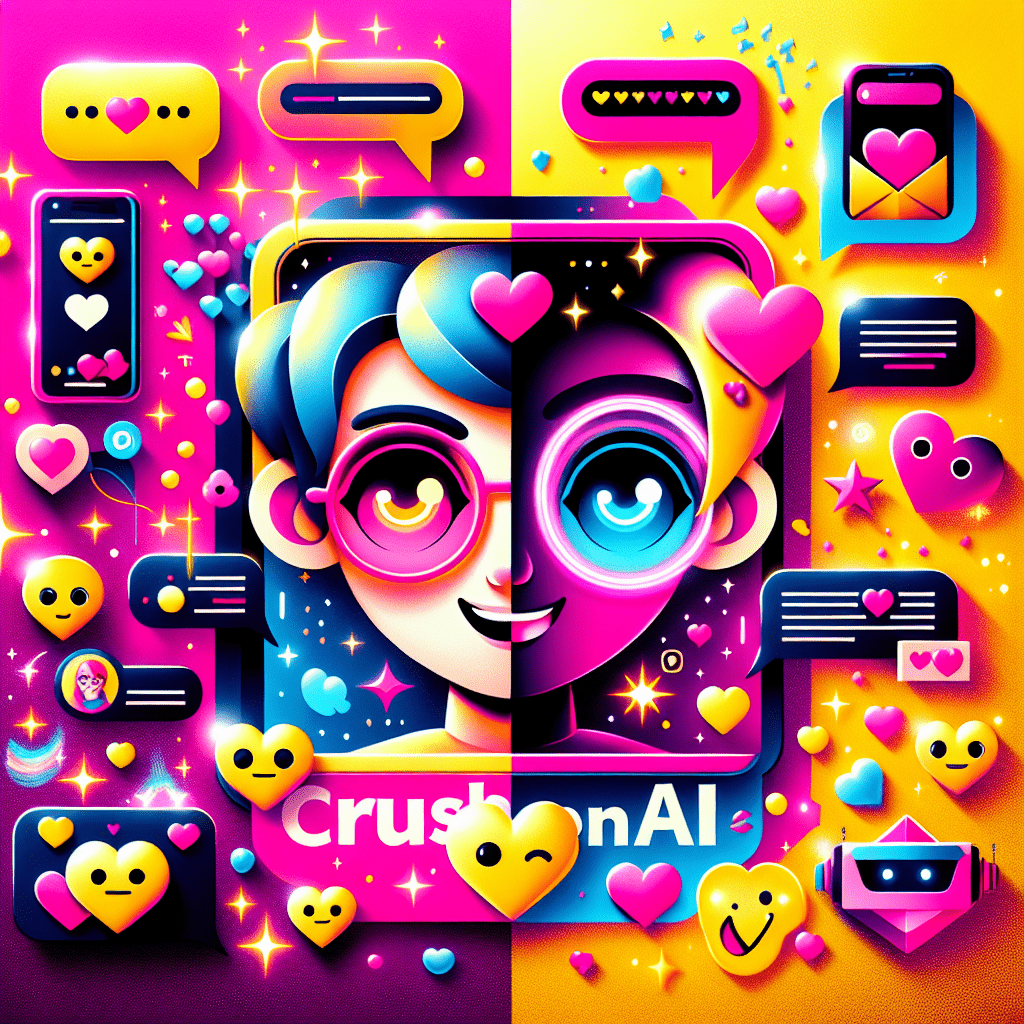 Playful pop-art style featured image for the blog titled Crushon.ai review: Enhancing virtual relationships, featuring a split background of Neon Pink and Bright Yellow, two cartoonish AI companions interacting with hearts and emojis, personalized digital elements like a tablet conversation, and vibrant icons like stars and speech bubbles, all topped with bold typography for impactful branding.