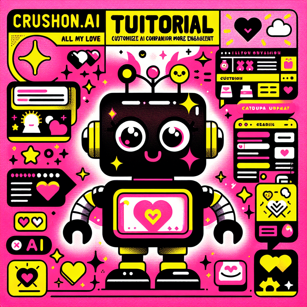 Vibrant featured image for the blog "Crushon.ai tutorial: How to customize AI companions for better engagement" showcasing a playful cartoon robot with bright yellow accents on a neon pink background, surrounded by personalization symbols like hearts and stars, with bold text overlay highlighting the tutorial's focus on engaging AI interactions.