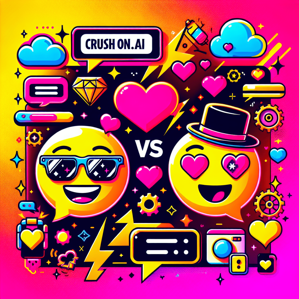 Vibrant neon pink and bright yellow gradient background featuring two cartoonish chat-bubble characters representing Crushon.ai, one smiling and the other quizzical, surrounded by playful icons like hearts and gears, emphasizing the blog title 'Crushon.ai vs. Crushon.ai: Which is best for AI-driven relationships?' in bold, colorful typography with whimsical elements like floating question marks.