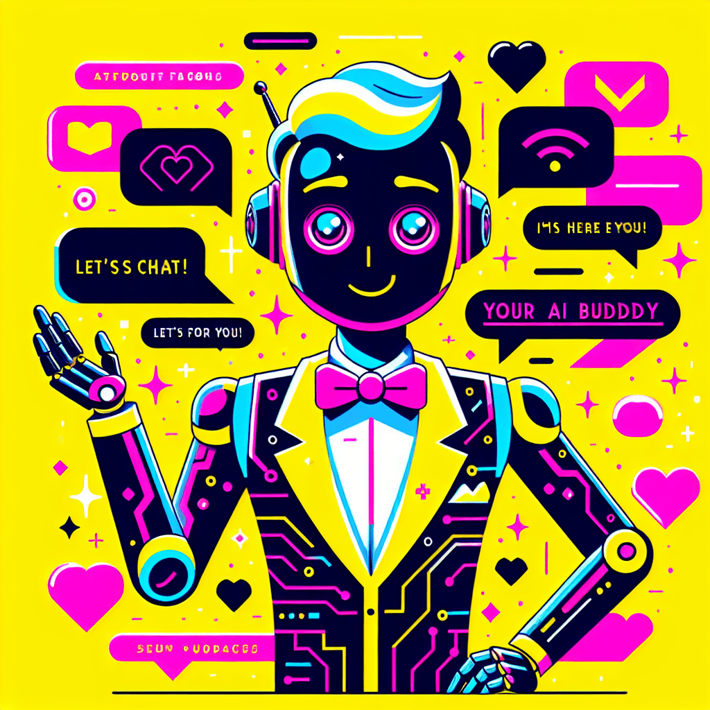 Vibrant cartoonish AI boyfriend character in playful pose on bright yellow background with heart-shaped thought bubbles containing personalized messages, surrounded by chat bubbles and emojis, featuring bold title 'AI Boyfriend User Tips' in neon pink, embodying the spirit of the 'All My Love' brand for the blog post on Directory of AI intimacy sites: AI Boyfriend overview and user tips.