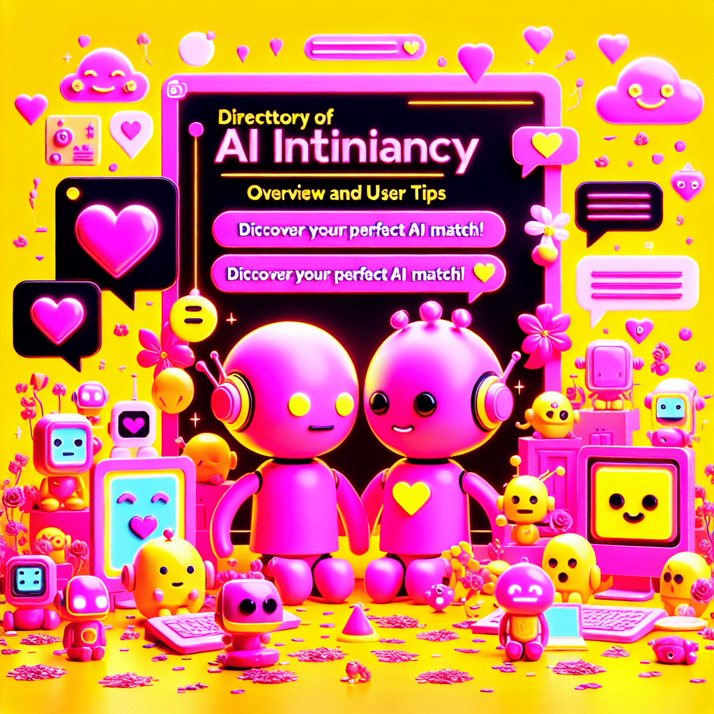 Bright yellow background featuring cartoonish AI companions as cute pink robots holding hearts, surrounded by playful icons like speech bubbles and love hearts. Prominent title "Directory of AI Intimacy Sites: Overview & User Tips" in bold typography, with tagline "Discover Your Perfect AI Match!" above scattered confetti and whimsical clouds, capturing the playful, pop-art aesthetic of the blog.