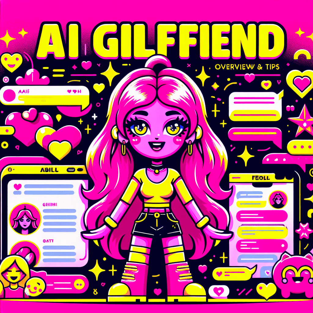 Vibrant neon pink background featuring a cartoonish AI girlfriend character with bubblegum pink hair and a bright yellow outfit, surrounded by oversized hearts and chat bubbles in bright yellow with black outlines. The character holds a colorful digital tablet displaying unique profiles or messages, emphasizing personalized AI companionship. Playful doodles of stars, smiley faces, and sparkles in black and white enhance the youthful vibe. Bold typography showcases the title 'AI Girlfriend Overview & Tips' with 'AI Girlfriend' in bright yellow and 'Overview & Tips' in neon pink, capturing the essence of the 'Directory of AI intimacy sites: AI Girlfriend overview and user tips'.