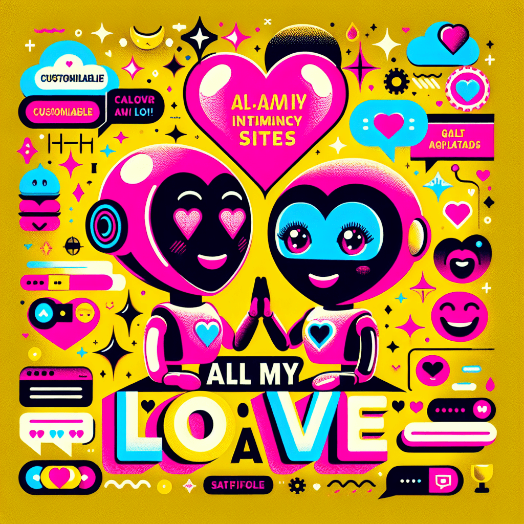 Vibrant pop-art image for the blog 'Directory of AI intimacy sites: Character.ai overview and user tips', featuring a bright yellow background, two cartoonish AI characters: one with a heart-shaped head in neon pink and another in black and white, high-fiving. Surrounding them are personalization icons like heart symbols and chat bubbles, with bold, playful typography highlighting the blog title in neon pink and black. Dynamic elements like sparkling stars and speech bubbles add a whimsical touch, creating an engaging and lively composition.