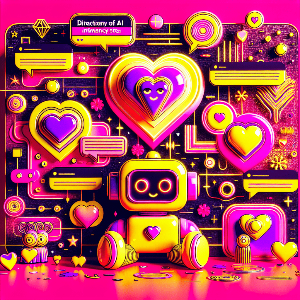 Vibrant pop-art style featured image for the blog Directory of AI intimacy sites: Crushon.ai overview and user tips, showcasing a cute cartoon robot with a heart motif, surrounded by playful love hearts and speech bubbles, all set against a bold neon pink background with bright yellow accents, embodying the playful spirit of All My Love brand.