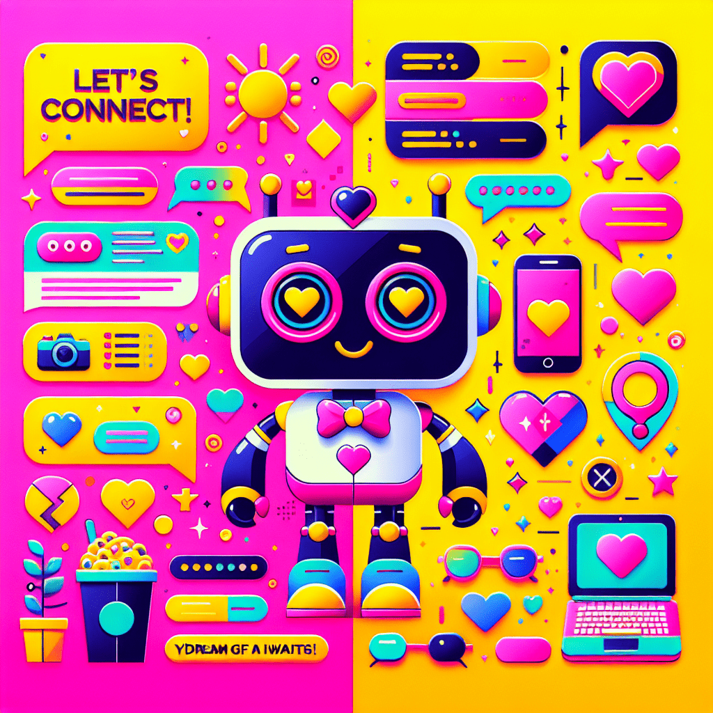 Vibrant image illustrating "Directory of AI intimacy sites: DreamGF.ai overview and user tips" featuring a cartoonish AI companion with a heart-shaped face, set against a bold Neon Pink and Bright Yellow background, surrounded by playful icons like hearts, chat bubbles with phrases, and colorful gadgets symbolizing tech, all designed to reflect a youthful and engaging essence.