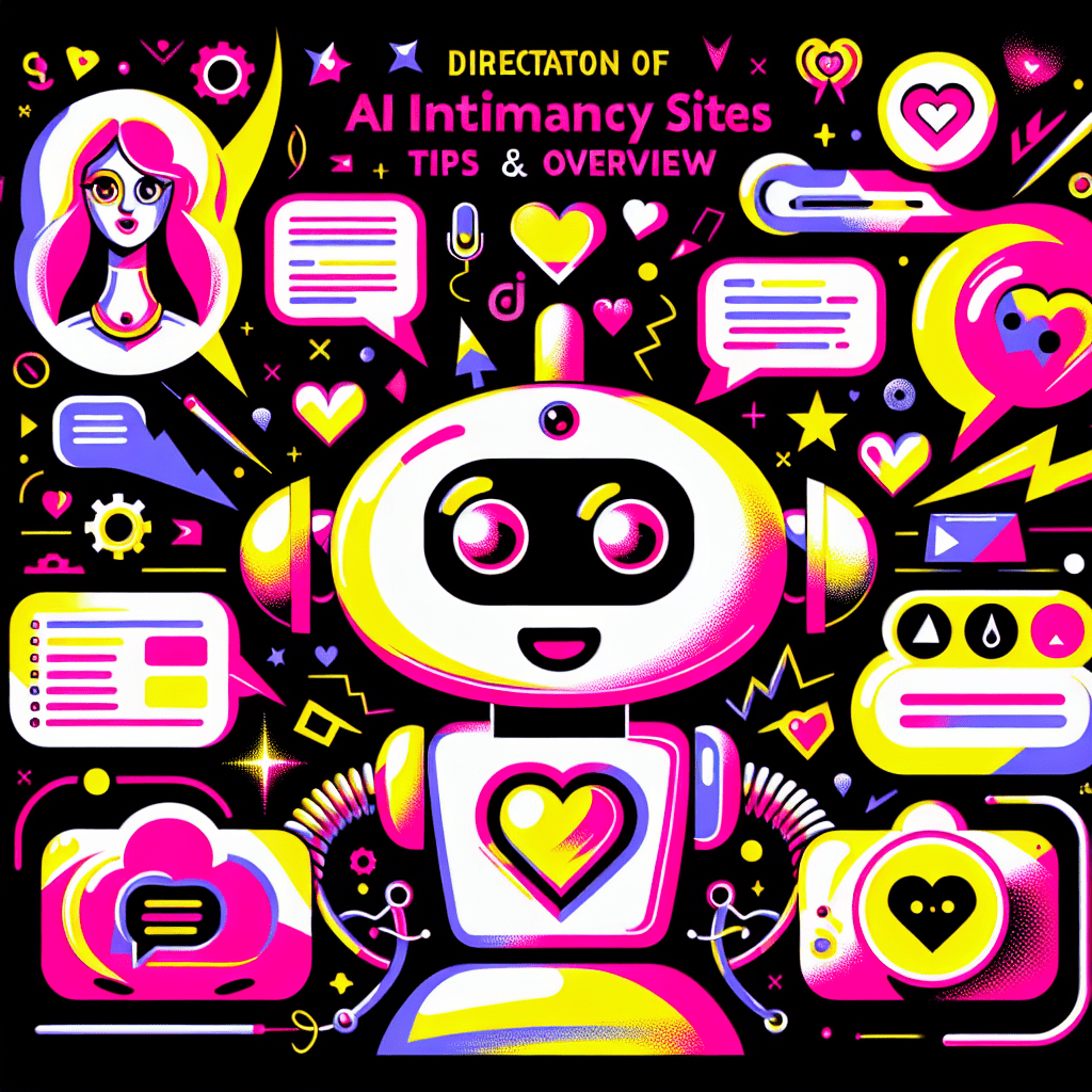 Vibrant featured image for the blog "Directory of AI intimacy sites: GirlfriendGPT overview and user tips" featuring cartoonish AI companions with expressive eyes, colorful accessories, and playful elements like hearts and speech bubbles, all set against a bold black background.