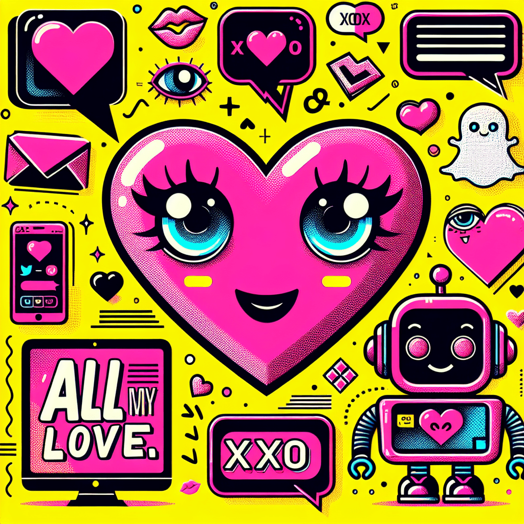 Bright yellow background featuring a large cartoonish neon pink heart with playful eyes and smile, next to a cute black and white AI robot with pink accents and oversized glasses, surrounded by whimsical doodles like hearts, kisses, and tech icons. Bold white comic-style text "Muah.ai Overview & Tips" arcs over the heart and robot, creating a vibrant featured image for the blog post "Directory of AI intimacy sites: Muah.ai overview and user tips."