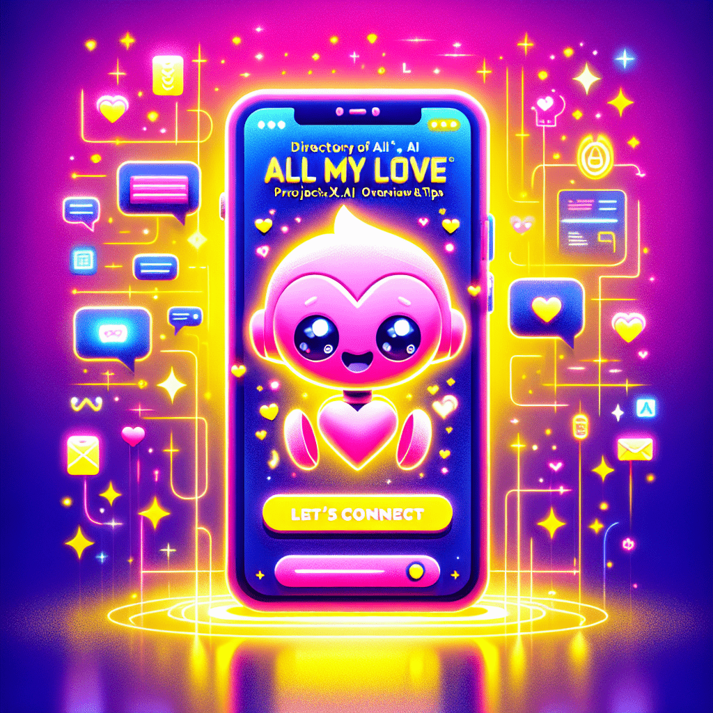 Vibrant gradient background in Neon Pink and Bright Yellow featuring a cartoonish smartphone with a glowing screen displaying a friendly AI companion character, surrounded by playful icons like hearts and chat bubbles in Black and White. The blog title 'Directory of AI intimacy sites: ProjectX.AI overview and user tips' is prominently displayed in bold, funky font at the top, complemented by speech bubbles with engaging messages in Bright Yellow, creating a lively pop-art style illustration that invites readers into the playful world of AI companions.